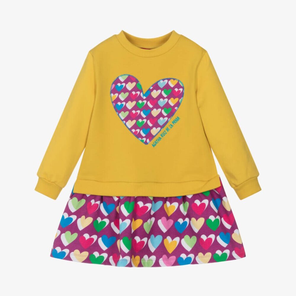 Agatha Ruiz de la Prada Girls Yellow Cotton Sweatshirt Dress with Logo Heart